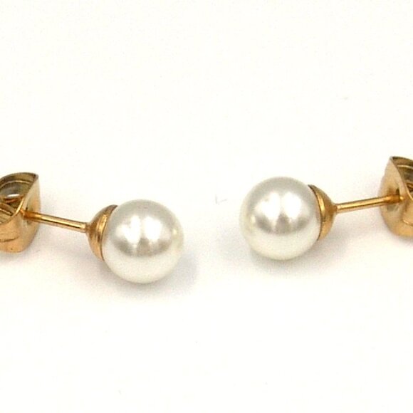 Classic Pearl Stud Earrings Faux Hypoallergenic Surgical Steel PVD Gold 6mm - Picture 2 of 4